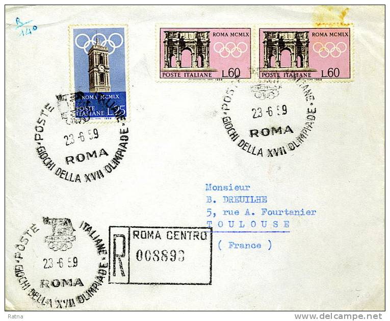 Italie : Lettre Recommandée 1959 Et Obl Pour JO Rome1960 Sport JO XVII Olympiade Louve - Zomer 1960: Rome