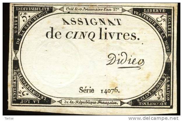 Assignat De Cinq Livres, Créé Le 10 Brumaire De L´an 2 De La République Française - Série 14076 - Assignats & Mandats Territoriaux