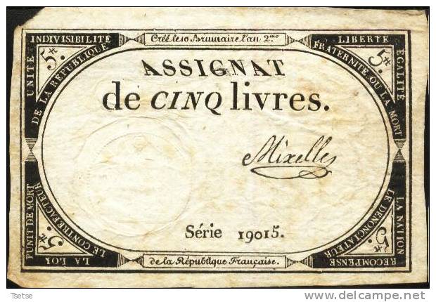 Assignat De Cinq Livres, Créé Le 10 Brumaire De L´an 2 De La République Française - Série 19015 - Assignats & Mandats Territoriaux