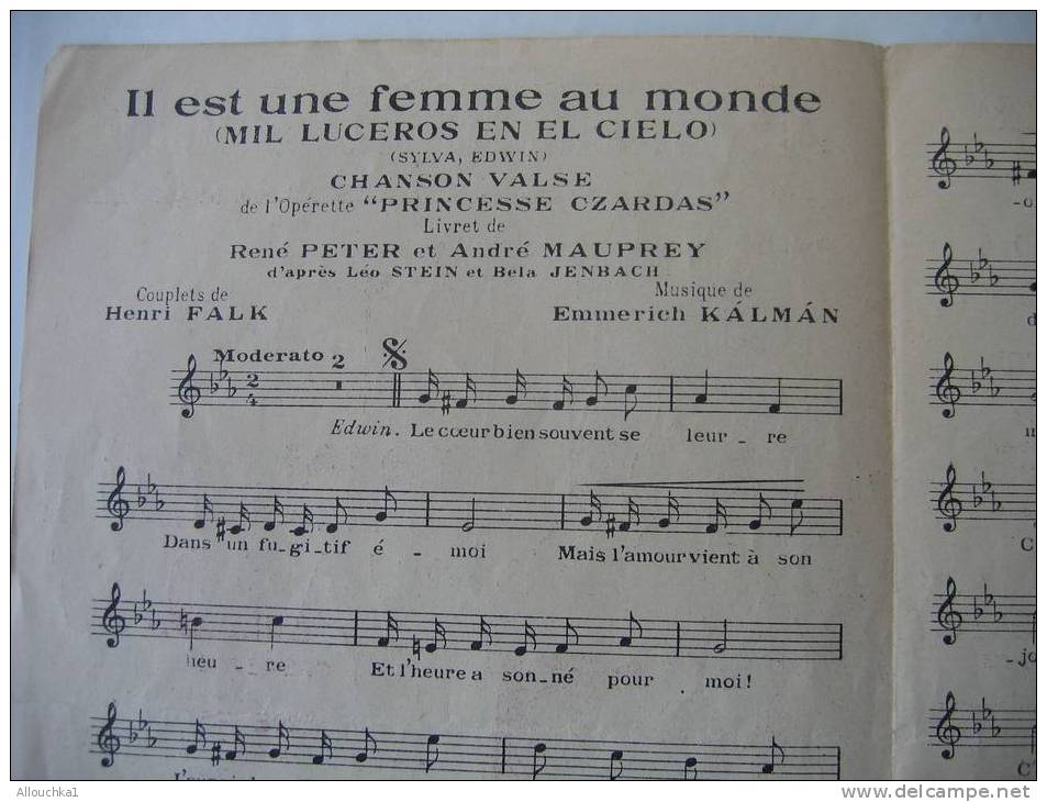 MUSIQUE- PARTITION:"IL EST UNE FEMME AU MONDE"PRINCESSE CZARDAS OPERETTE EN 3 ACTES EDITIONS. SALABERT - Opera