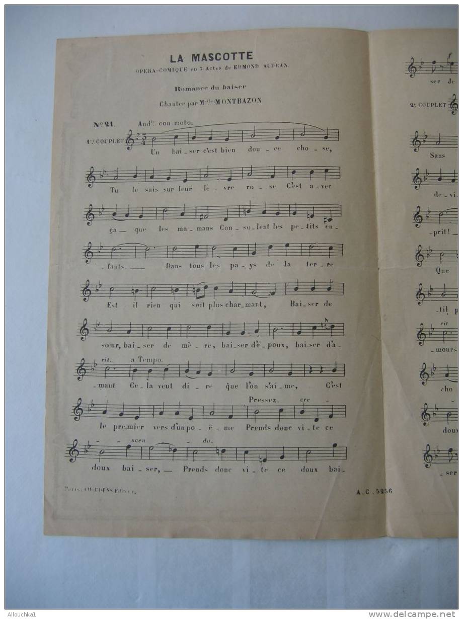 MUSIQUE- PARTITION:" LA MASCOTTE UN BAISER C BIEN DOUCE CHOSE"OPERA COMIQUE E. AUDRAN ED- CHOUDENS N°21 - Opéra