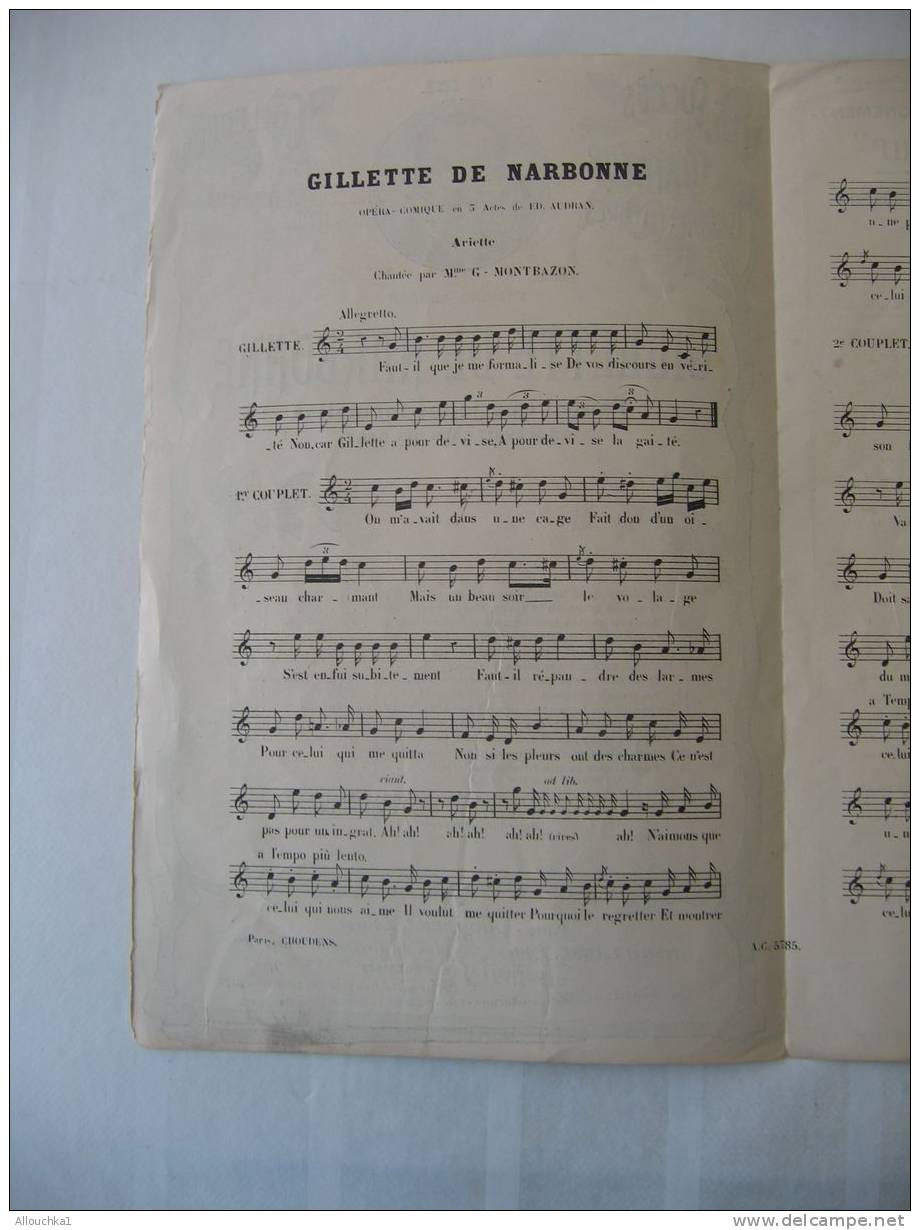 MUSIQUE- PARTITION:" GILLETTE DE NARBONNE (ON M'AVAIT DANS 1 CAGE)"OPERA COMIQUE E. AUDRAN ED- CHOUDENS N°21 - Opera