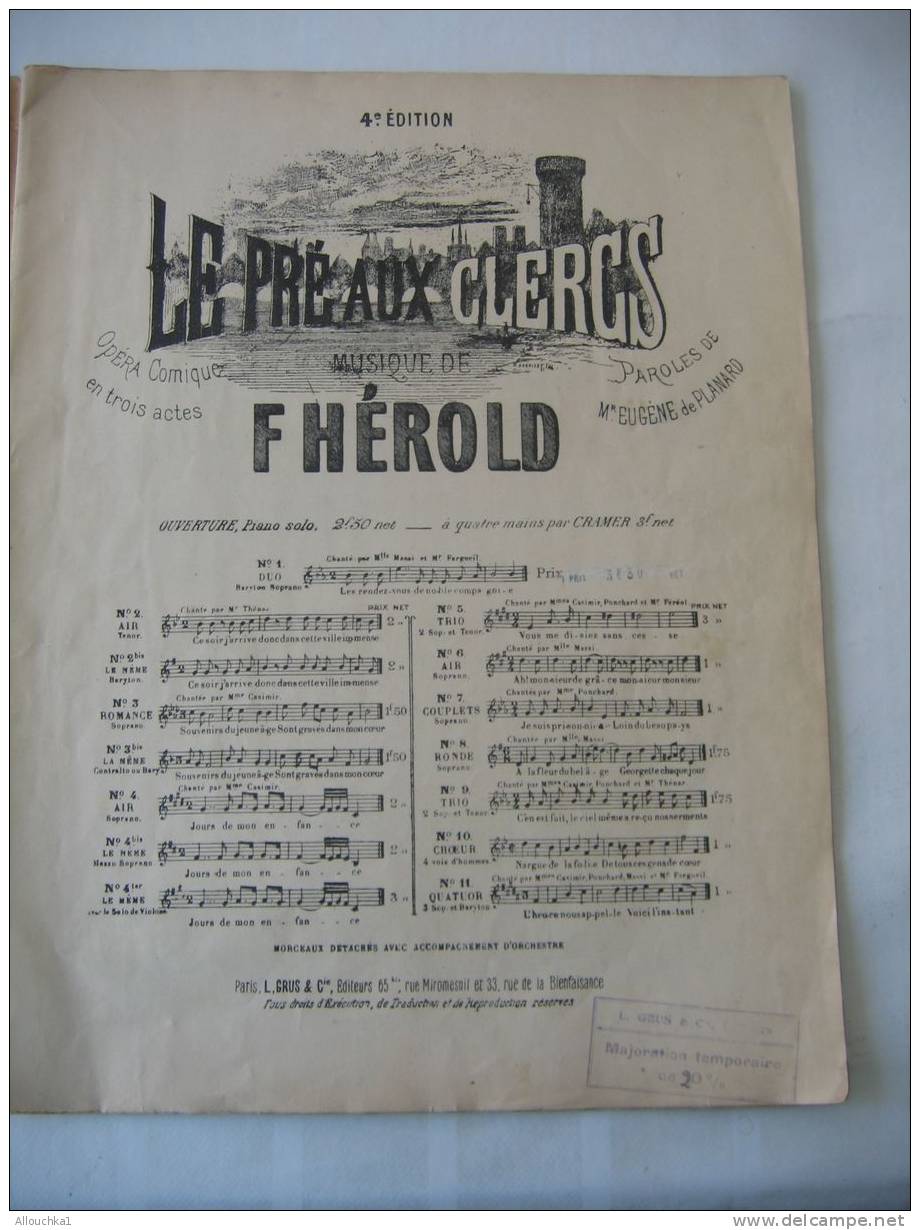 MUSIQUE- PARTITION:" LE PRE AUX CLERCS " OPERA COMIQUE -F. HEROLD- / E. DE PLANARD /14 PAGES - Opéra