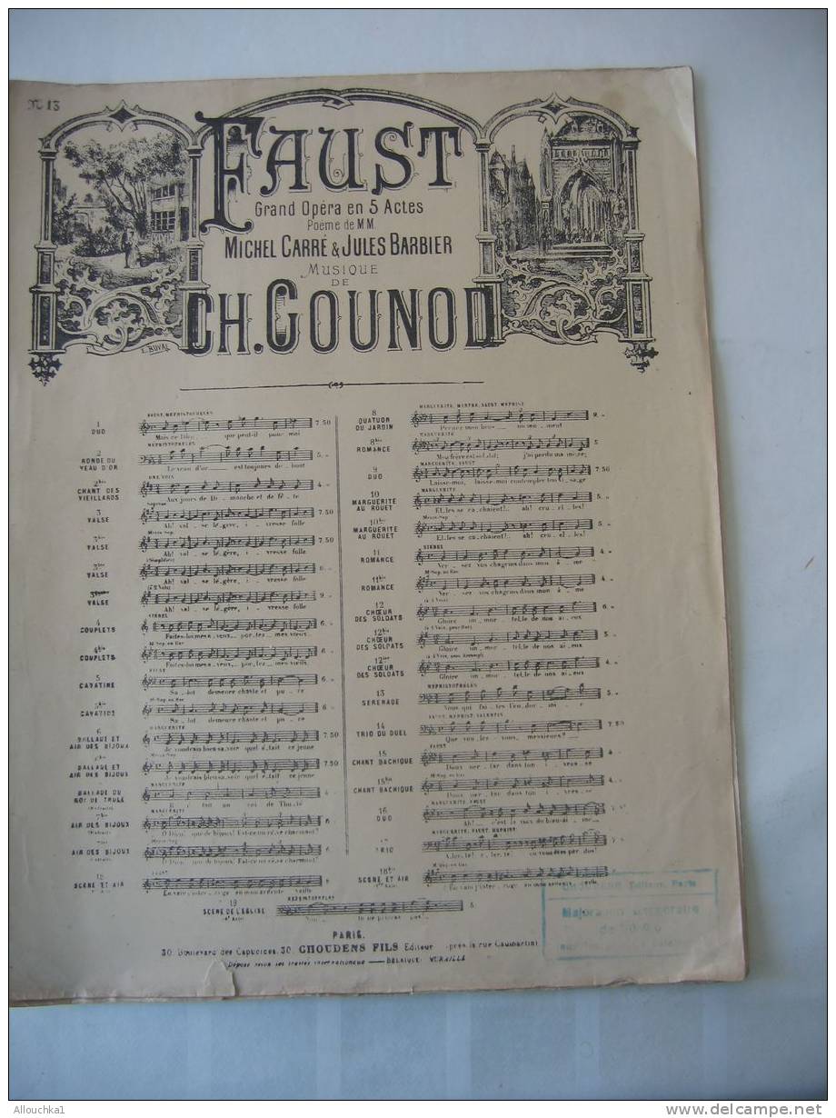 MUSIQUE- PARTITION:" FAUST " CH. GOUNOD -OPERA MICHEL CARRE - JULES BARBIER /5 PAGES ED-CHOUDENS - Opern