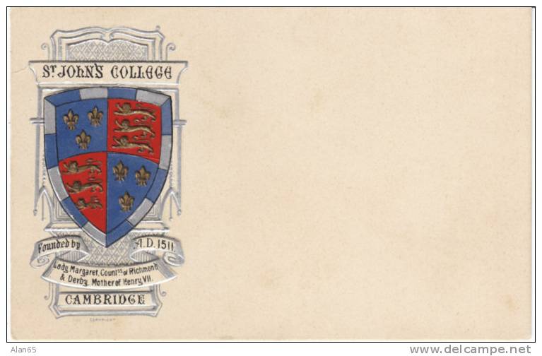 St. John´s College Cambridge University Emblem, Embossed Vintage Postcard - Cambridge
