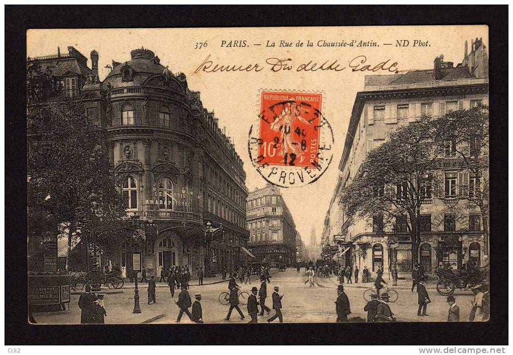 1912 FRANCE CARTE POSTALE PARIS –La Rue De La Cbaussee-d ‘Antin - Brieven En Documenten