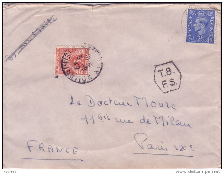 TAXE GERBE-SUR LETTRE DE GRANDE BRETAGNE 3-8-1947 MANQUE RABAT DE FERMETURE - 1859-1959 Storia Postale
