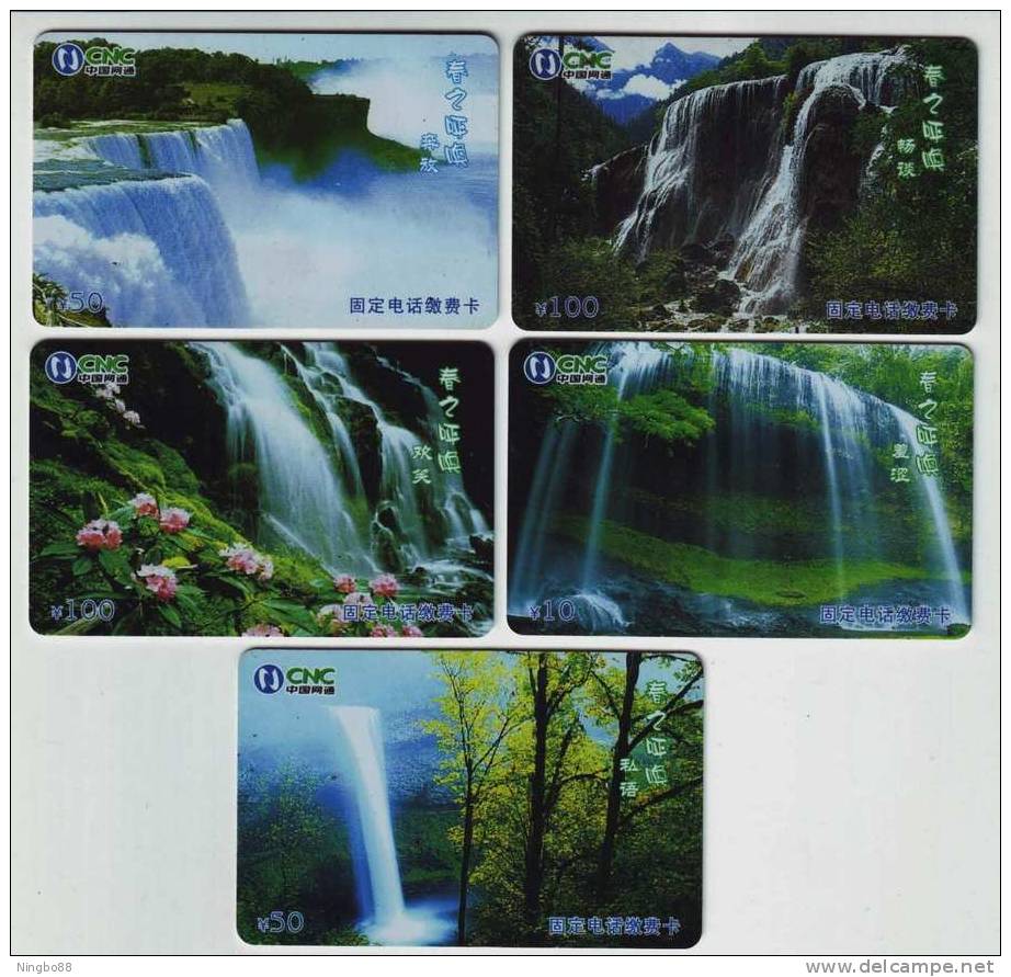 Waterfall,China Set Of 5 Used Phonecards - Chine