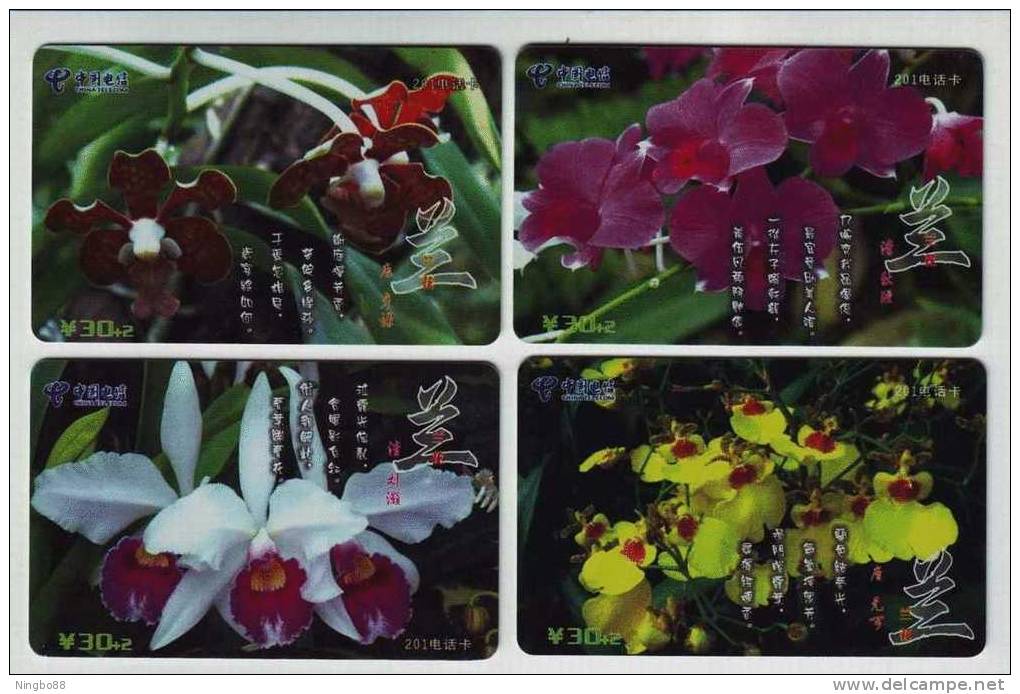 Orchid Flower,China 2004 Set Of 4 Used Phonecards - Blumen