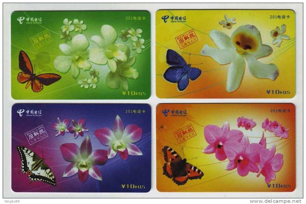 Dendrobium Orchid,butterfly,China 2004 Set Of 4 Used Phonecards - Blumen