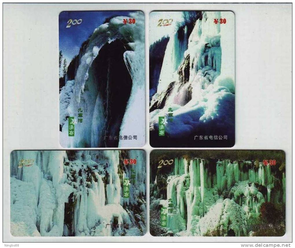 Jiuzhaigou Ice Waterfall,China Set Of 4 Used Phonecards - Paysages