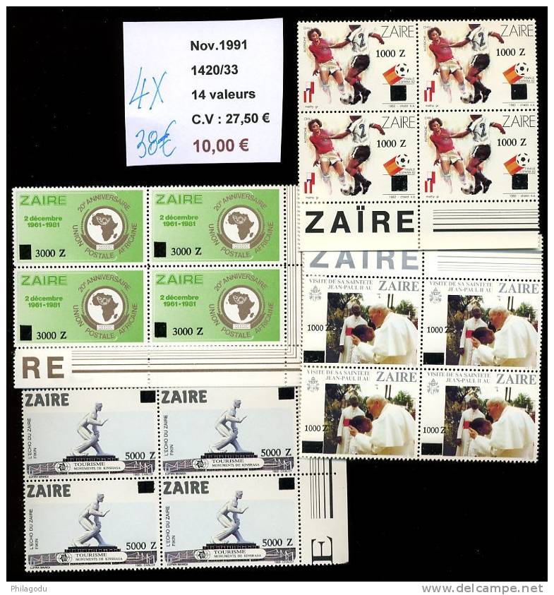 Nov 1991  14 Val Surch En Noir   Nouvelles Valeurs  Cote 27,50 X4 Neuf **  En Blocs De 4 - Unused Stamps