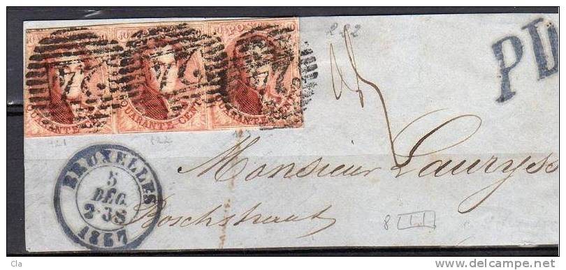 8  Bande De 3  Obl 24 BXL Fragment  Cob 625  Touchés - 1851-1857 Medallones (6/8)