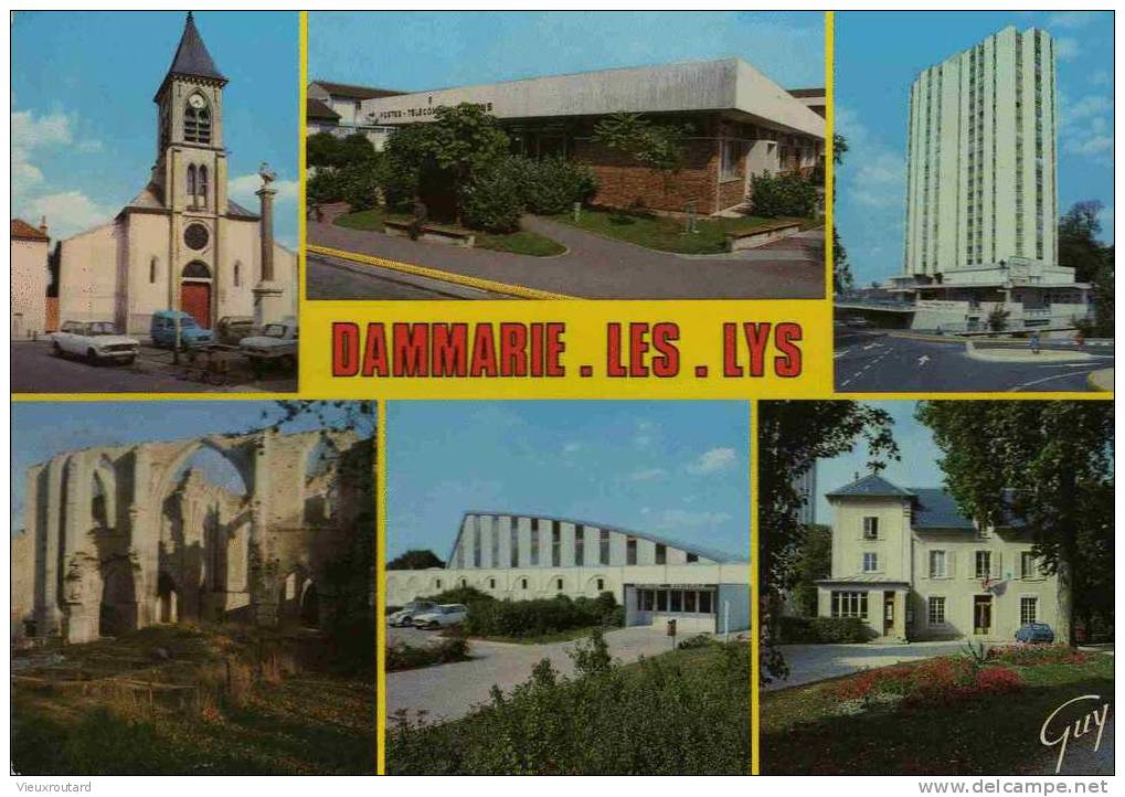 CPSM.  DAMMARIE LES LYS. L'EGLISE. LA POSTE. LA FONTAINE DU LYS. LES RUINES DE L'ABBAYE CISTERCIENNE. LA PATINOIRE. 1987 - Dammarie Les Lys