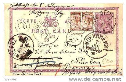 S-au006 /  Süd-AUSTRALIEN - Rhine Villa (Rheinthal 1893 To Nürnberg And Re-directed To New Address - Covers & Documents