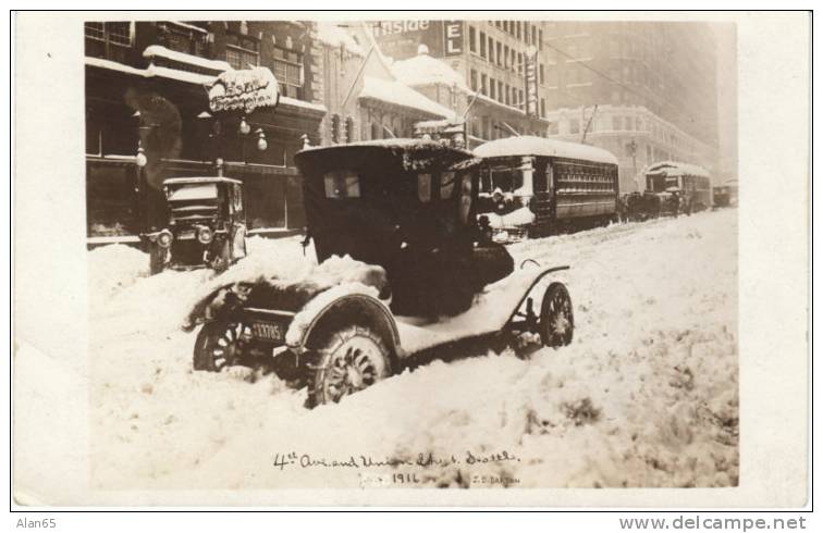 Seattle WA 1916 Snowstorm Real Photo Postcard, Fourth Ave And Union St Street Cars Electric Trolley, Autos - Seattle