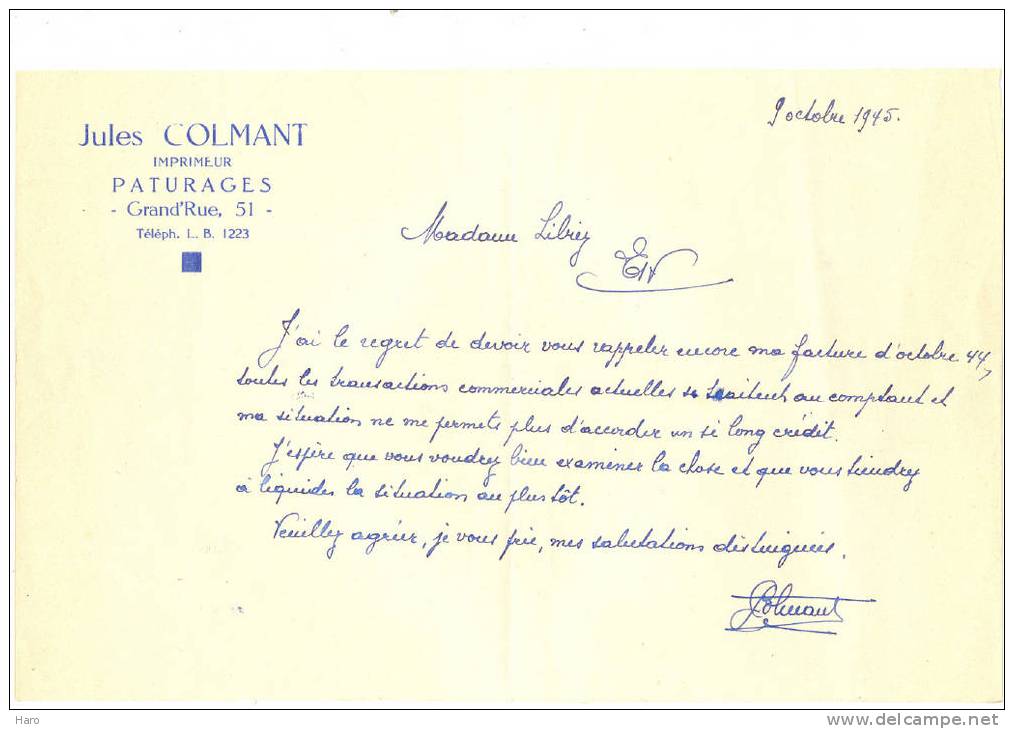 PATURAGES - Lettre Et Enveloppe à Entête -Imprimerie Jules Colmant - Druck & Papierwaren