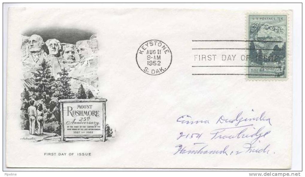 USA FDC 11-8-1952 Mount Rushmore 25th Anni. Artmaster Cachet - 1951-1960