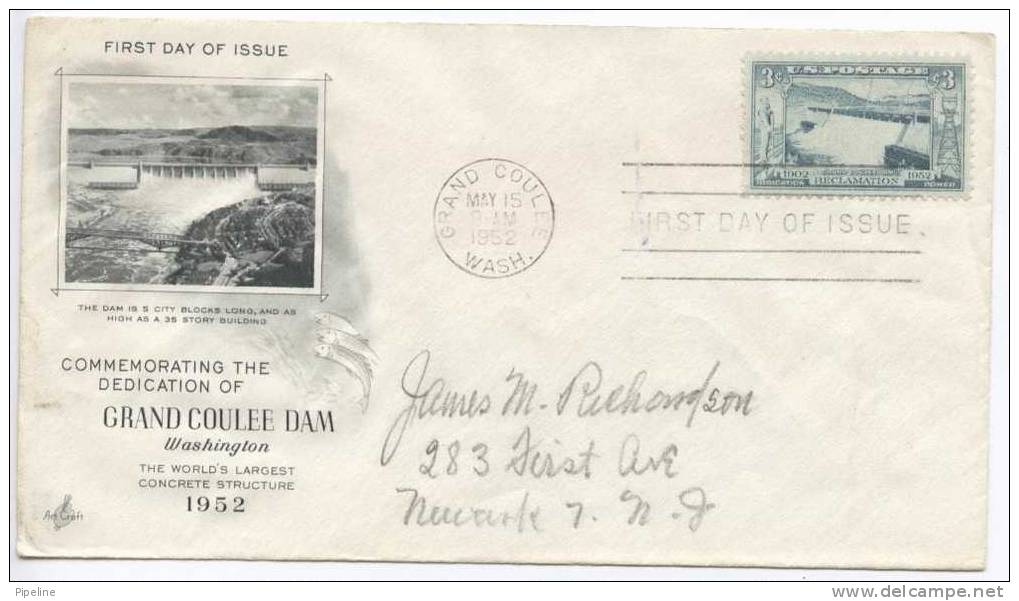 USA FDC 15-5-1952 Grand Coulee Dam Washington Art Craft Cachet - 1951-1960