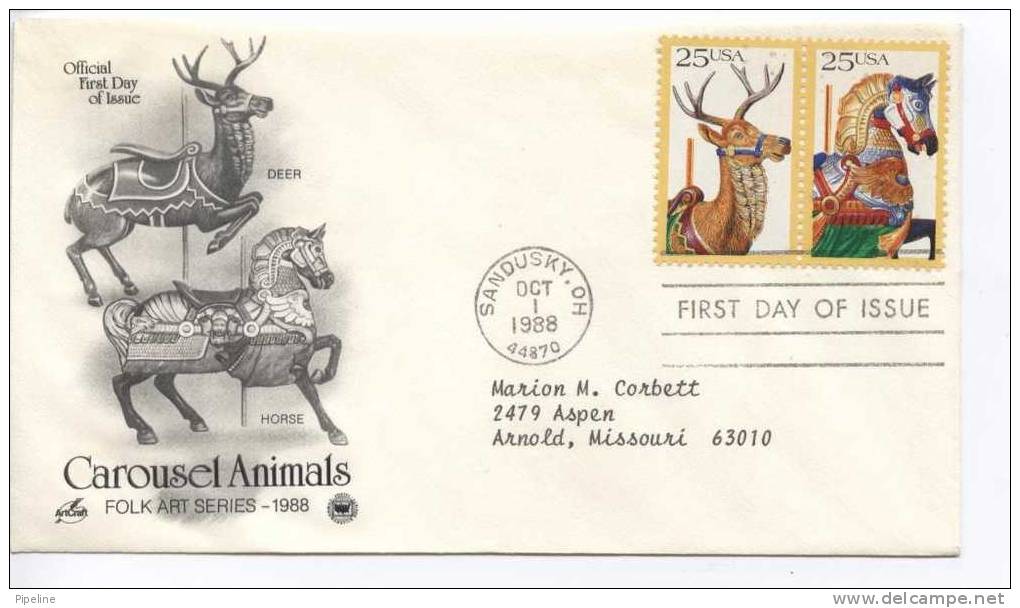 USA FDC Carousel Animals Horse And Deer 1-10-1988 With Art Craft Cachet - 1981-1990