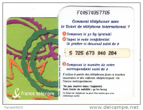 France Telecom Ticket Téléphone International 50 Francs 31/01/2003 1-3-3-3-3-3 - FT Tickets