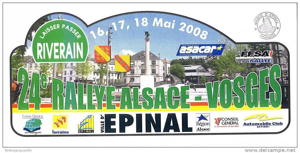 24° RALLYE ALSACE-VOSGES  ++   LAISSEZ PASSER RIVERAIN  ++  16 17 18 MAI 2008 - Autres & Non Classés