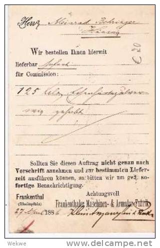 Bay220/  BAYERN - Frankenthaler Maschinen-  Und Armaturenfabrik,  Firmenkarte 1886 - Briefe U. Dokumente