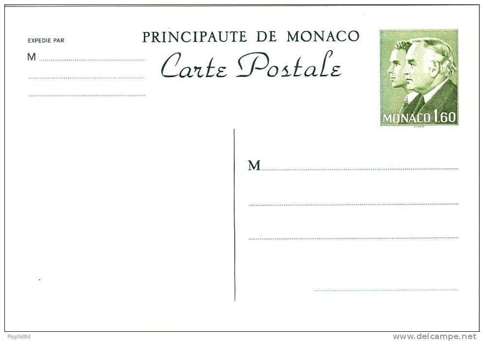 MONACO- ENTIER POSTAL LES DEUX PRINCES 1F60 NEUF - Entiers Postaux