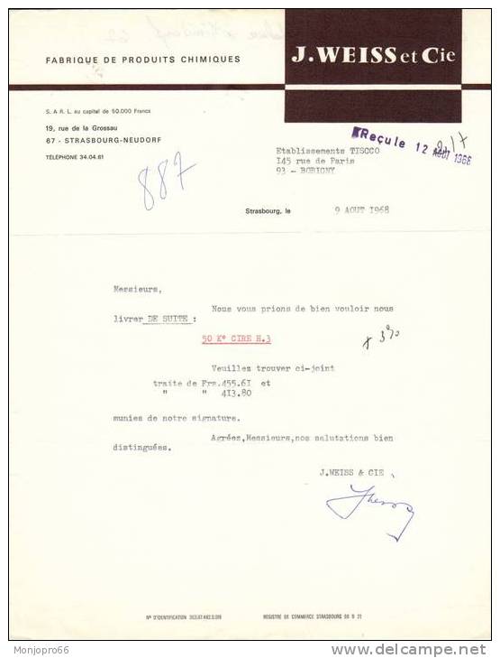 Lettre De Commande De La Fabrique De Produits Chimiques J. WEISS & Cie De Strasbourg Et De 1968 - Non Classés