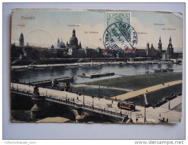 Vintage CA 1900 Postcard AK Germany Dresden Rathaus Schlossturm Steam Boat Bridge - Dresden