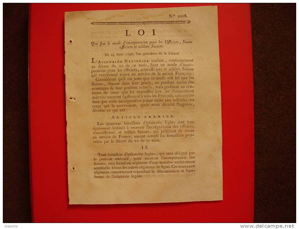 Loi De 1792 :  Mode D' Incorporation Des Officiers, Sous-officiers & Soldats Suisses - Décrets & Lois