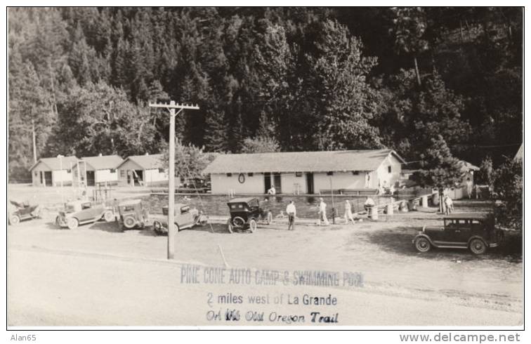 Pine Cone Auto Camp Near La Grande OR, Real Photo Vintage Postcard, Oregon Trail Swimming Pool - Otros & Sin Clasificación