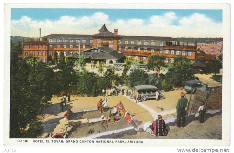 Grand Canyon National Park Arizona, Vintage Fred Harvey Postcard Of El Tovar Resort Hotel, Indians Natives - USA Nationalparks