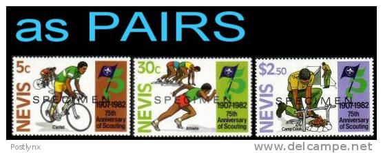 CV:&#8364;29.23 , NEVIS 1982, Scouting Sports Ovpt.SPECIMEN PAIRS:3 (6 Stamps)    [muestra,Muster,spécimen,saggio] - St.Kitts Und Nevis ( 1983-...)
