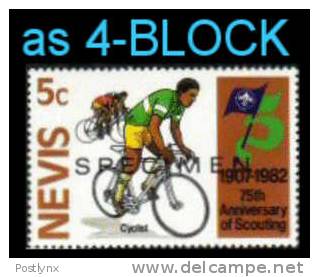 NEVIS 1982, Scouting Cyckling 5c, Ovpt.SPECIMEN 4-BLOCK   [muestra,Muster,spécimen,saggio] - St.Kitts And Nevis ( 1983-...)