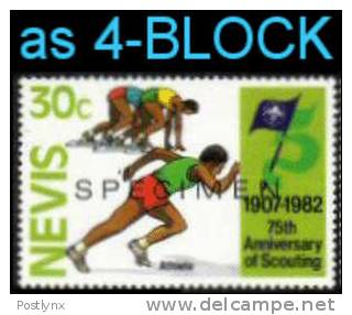 NEVIS 1982, Scouting Running 30c, Ovpt.SPECIMEN 4-BLOCK   [muestra,Muster,spécimen,saggio] - St.Kitts Und Nevis ( 1983-...)