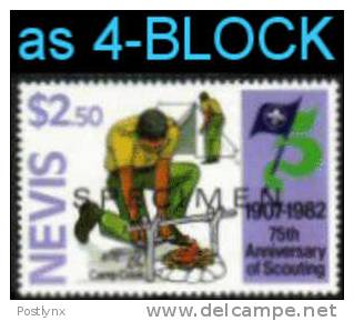 NEVIS 1982, Scouting Camping Fire Tent $2.50, Ovpt.SPECIMEN 4-BLOCK   [muestra,Muster,spécimen,saggio] - St.Kitts And Nevis ( 1983-...)