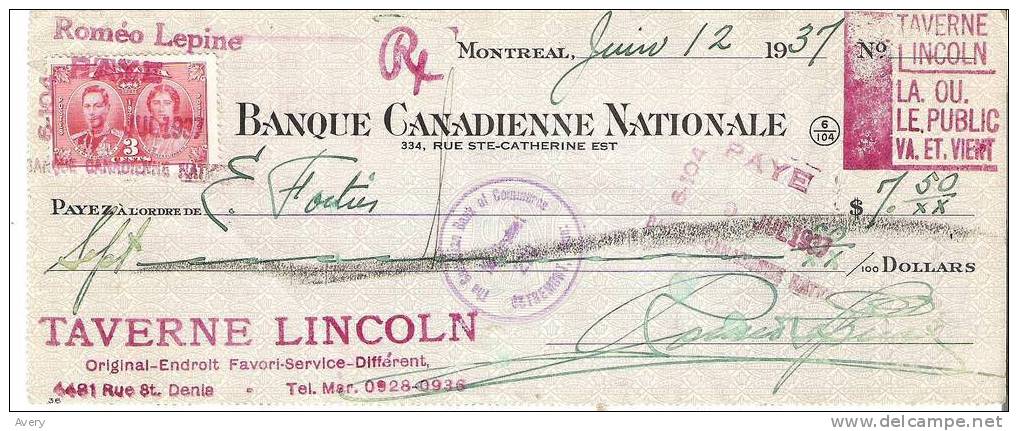 Cancelled Cheque - Banque Canadienne Nationale - Taverne Lincoln Rue St. Denis, Montreal - Unclassified