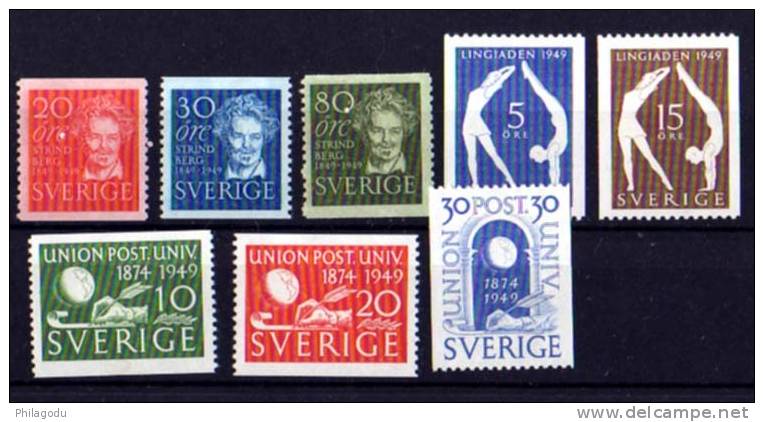 Suède 1949*, An Complète, 100° Naissance D’Auguste Strindberg, éducation Physique, UPU - Unused Stamps