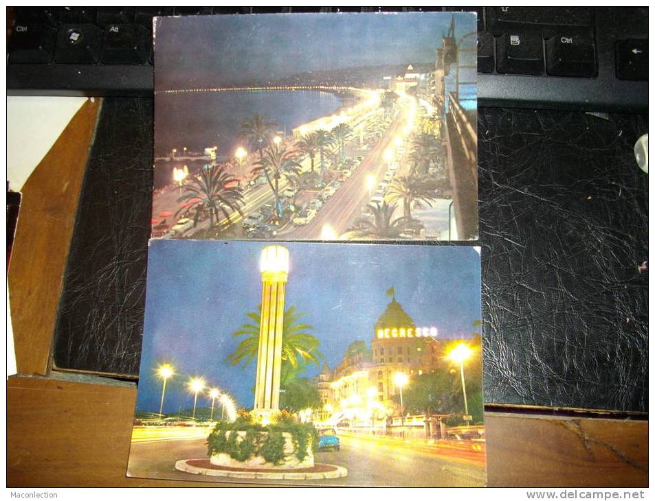 2 Cartes De Nice La Nuit : Promenade Des Anglais Et L Hotel Negresco - Sets And Collections