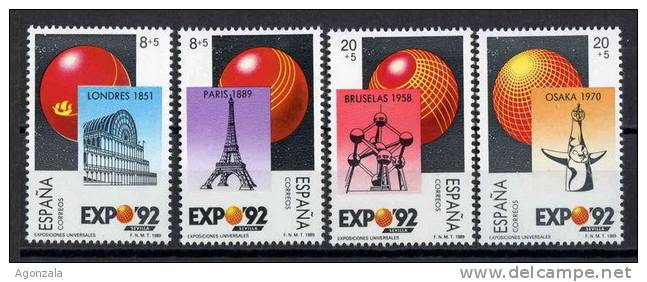 SERIE TIMBRES ESPAGNE NOUVEAUX 1989 EXPOSITIONS UNIVERSELLES - LONDRES PARIS BRUXELLES OSAKA - TOUR EIFFEL - 1989