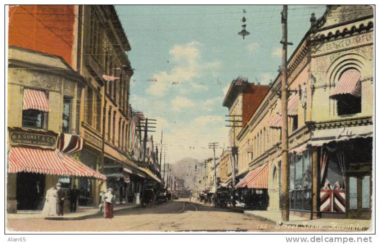 Early Honolulu Street Scene, Street Car Tracks, Autos Store Signs On Vintage Postcard - Honolulu