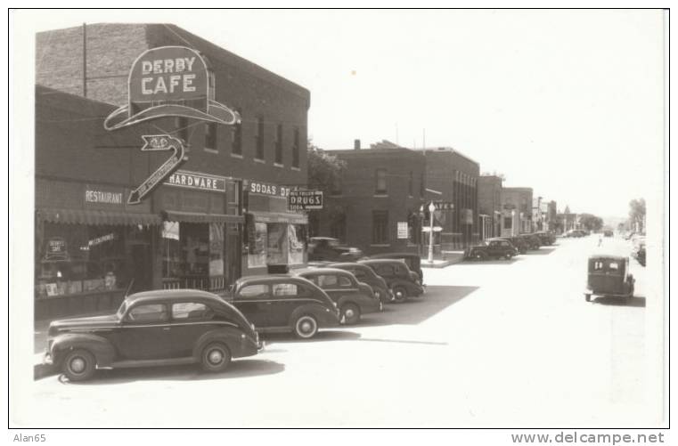 Small Town Real Photo Street Scene, Wyoming Or Colorado (?), Derby Cafe, Vintage Autos, 'Neil Fuller Drugs' - American Roadside