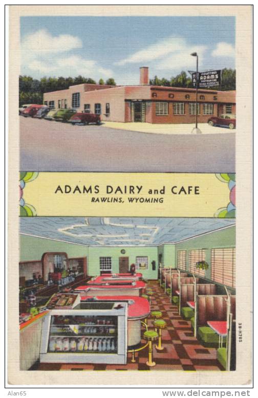 Rawlins WY Adams Dairy And Cafe, Multiview Vintage Curteich Linen Postcard, Lunch Counter Interior - Autres & Non Classés