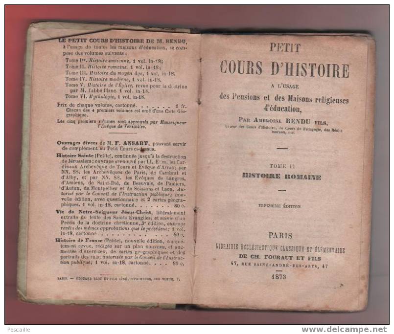 1874 Petit Cours D´histoire à L´usage Des Pensions - Histoire Romaine Tome Deuxième - 6-12 Years Old