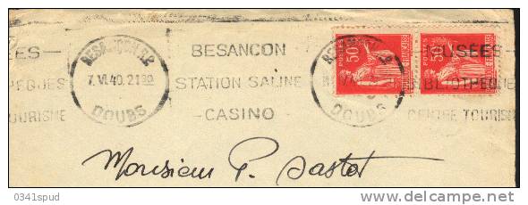 France 25 Doubs 1940  Krag  Besancon Station Saline Thérmes Terme Casino Sur  Devant De Lettre - Thermalisme