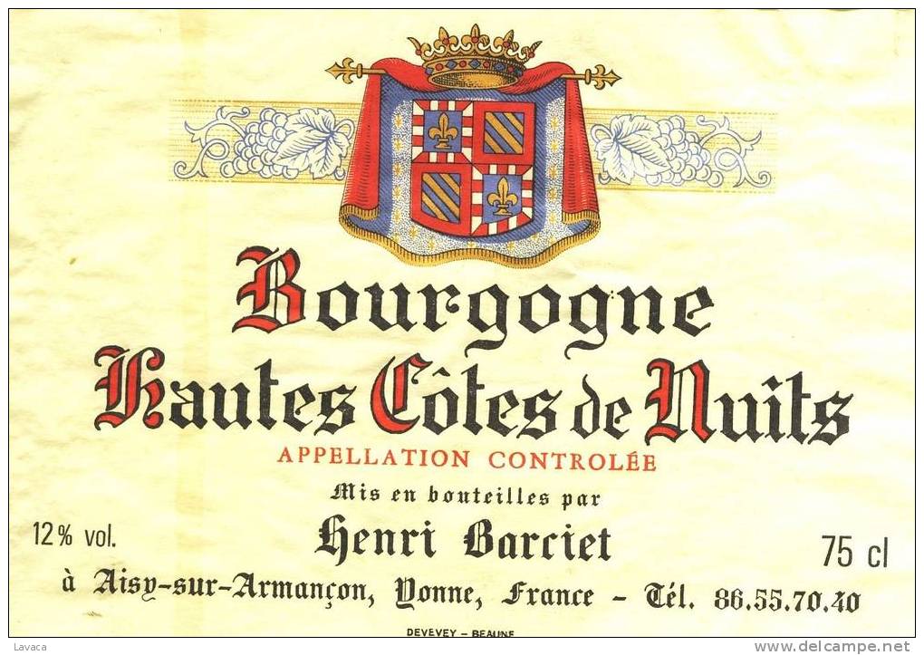 Etiquette De Vin Bourgogne - Htes Cotes De Nuit "Barciet" - Bourgogne