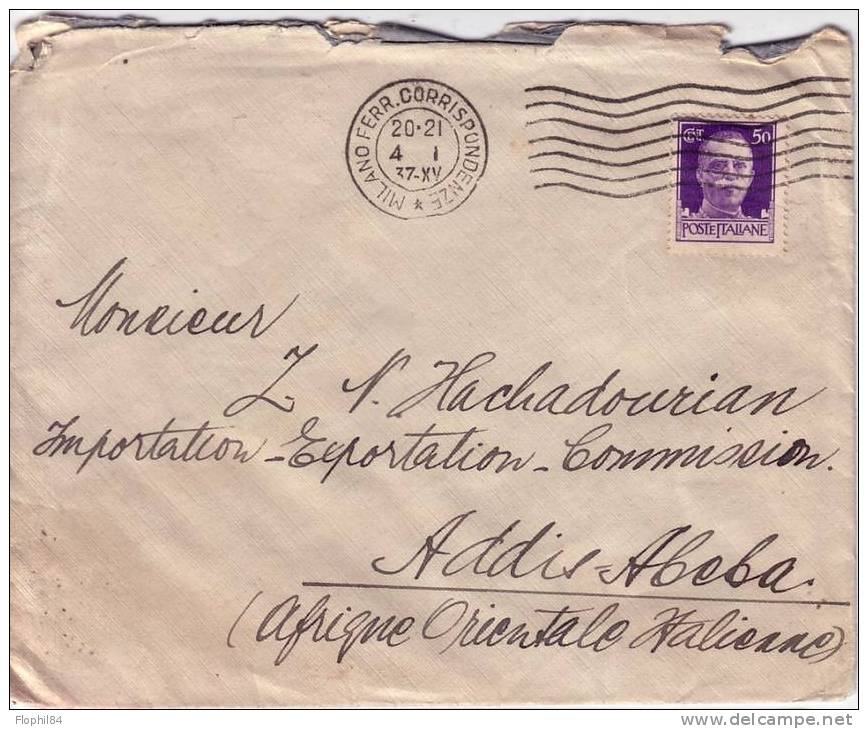 ETHIOPIE-ITALIE-DE MILAN 4-1-1937 POUR ADDIS ABEBA - BONNE DESTINATION - Aethiopien