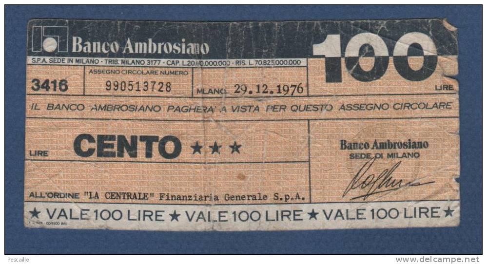 BILLET ?? 100 LIRE BANCO AMBROSIANO 1976 - Other & Unclassified