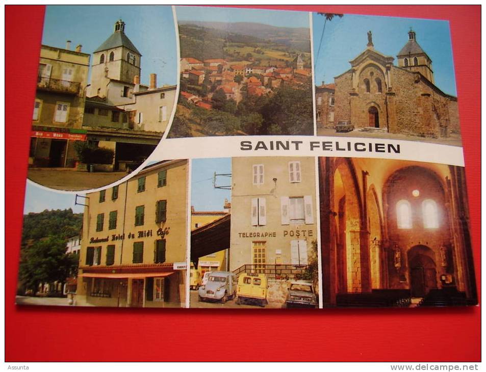 2 Camionnettes 2 CV, Ami 6  Devant La Poste De Saint  Félicien  - Ardèche - Bar Du Nord, Hôtel Du Midi - Transporter & LKW